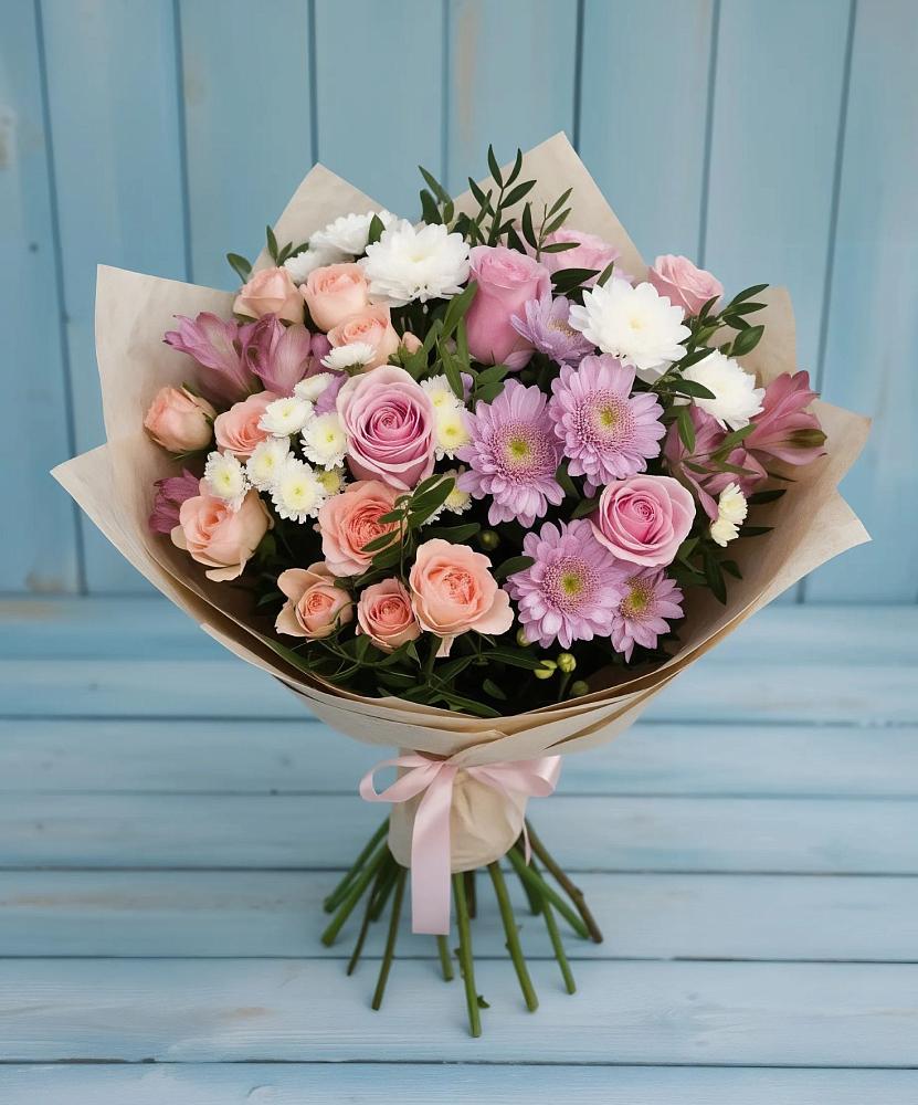 Букет цветов из: Хризантемы, Розы и Альстромерии в Лисино-Корпус