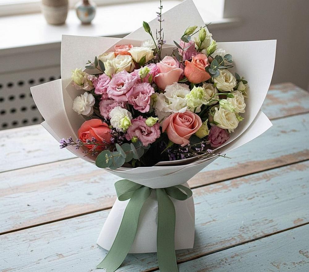 Букет цветов из: Розы, Лизиантусы и Гвоздики в Лисино-Корпус