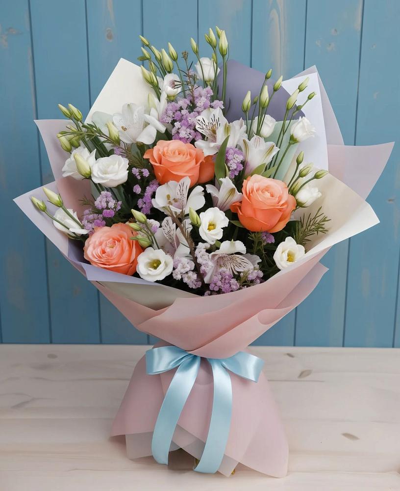 Букет цветов из: Лизиантусы, Розы, Альстромерии и Гипсофила в Лисино-Корпус