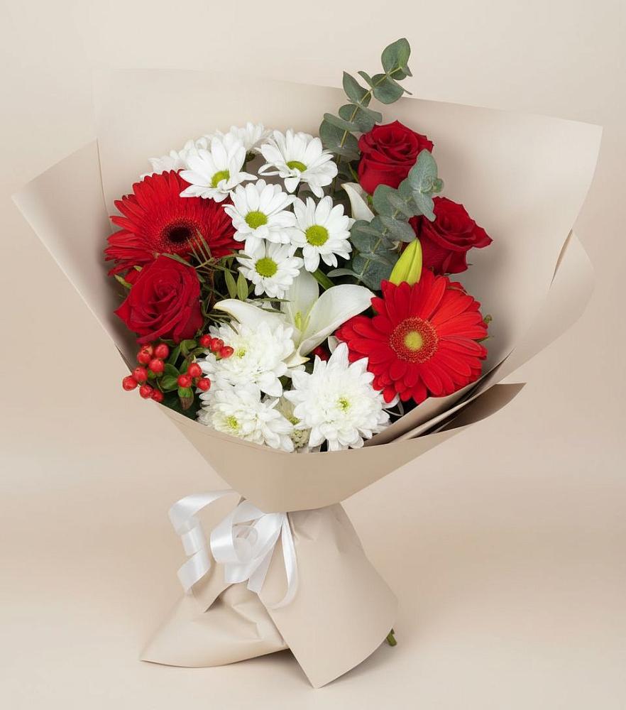 Букет цветов из: Розы, Хризантемы, Герберы и Лилии в Лисино-Корпус